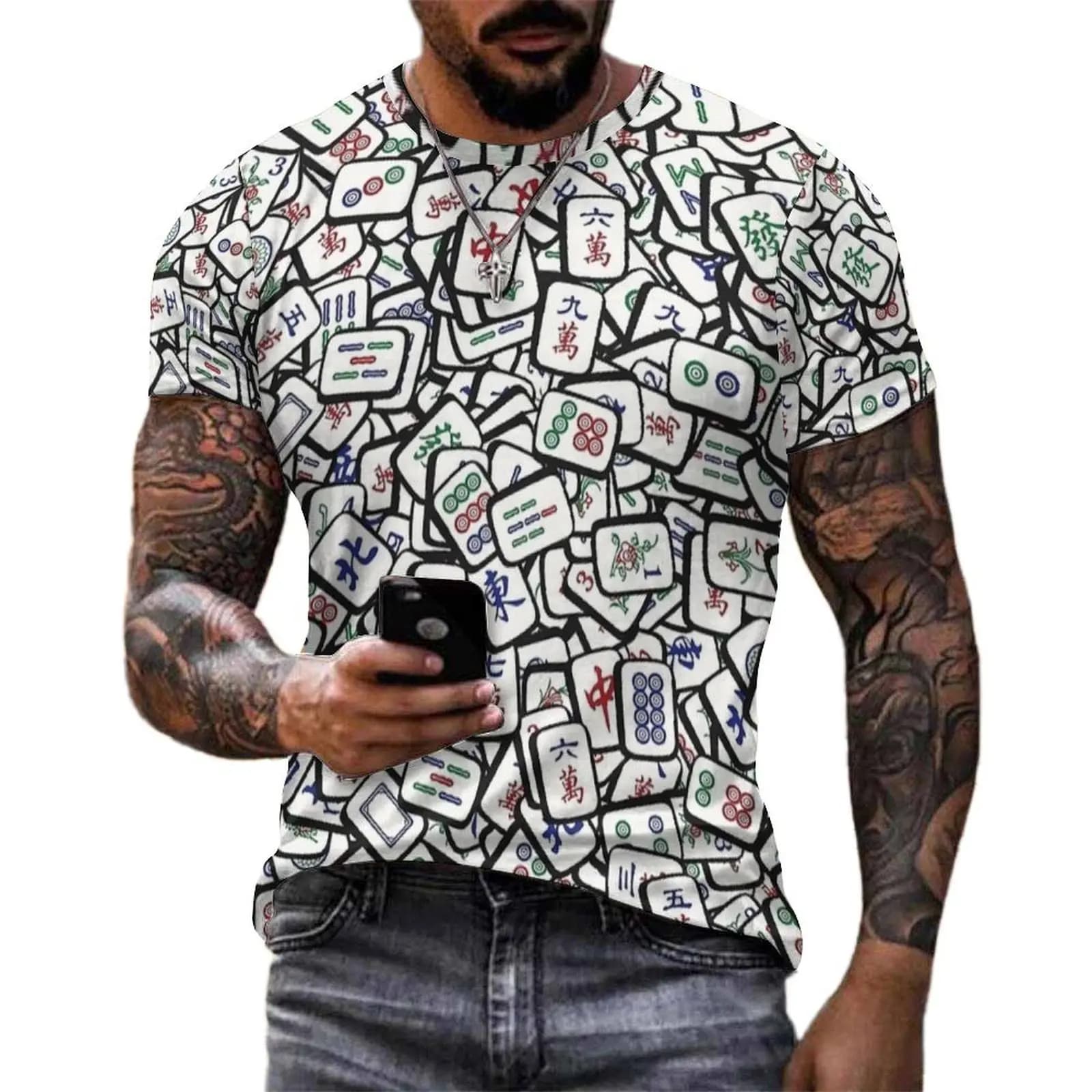 Dense Scattered Mahjong Tile Print T Shirt Cool T-Shirts Men Basic Tshirt Beach Short-Sleeve Pattern Tees Plus Size