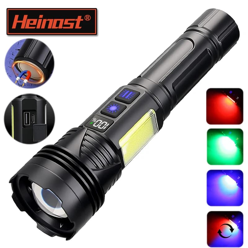 Powerful USB Rechargeable LED Flashlight, Zoom Tactical Flashlight, External Multifunction, 11 Modes, Magnetic Work Flashlight
