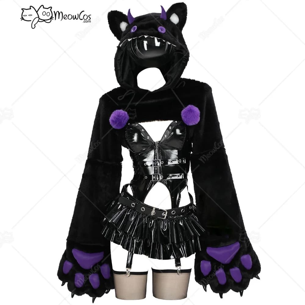 MEOWCOS Pawsitive Mood Set di lingerie sexy gotica da donna Top con cerniera e perizoma Felpa corta nera viola con guanti con zampa pelosa