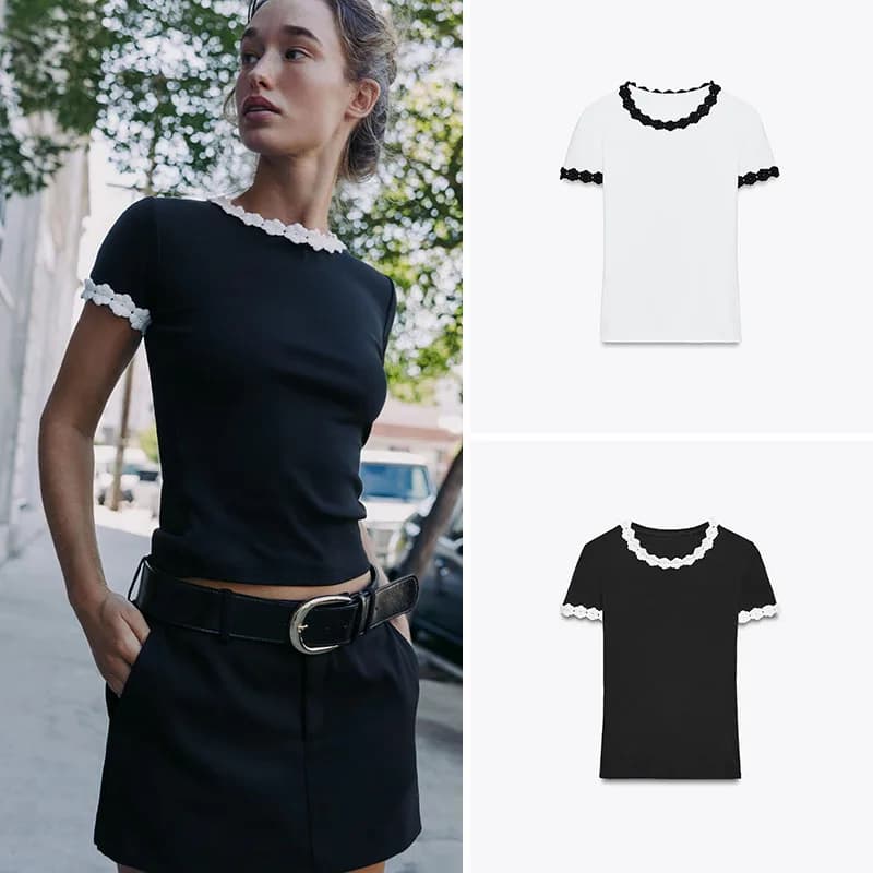 Fashionable Slim Fit round Neck Short Sleeve T-Shirt with Flower Embellishment Simple Design for Women New Autumn Collection