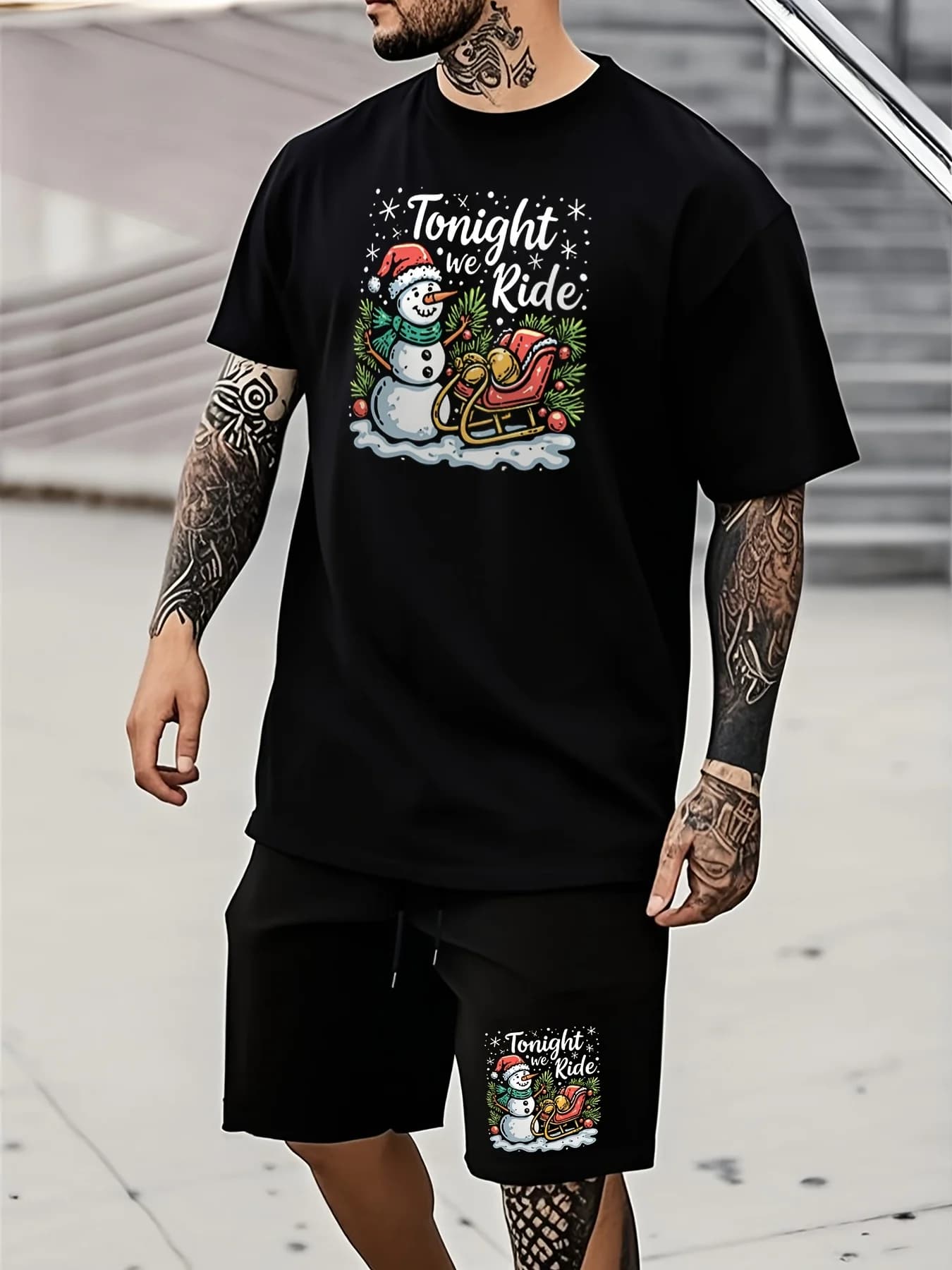 T-shirt e pantaloncini natalizi da uomo, design con slitta di Babbo Natale, set di abiti festivi estivi casual