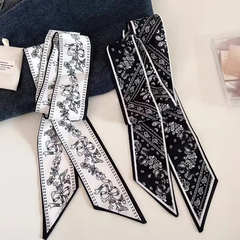 Sciarpa Lunga Paisley Bianca e Nera a Doppia Faccia, Decorazione per Collo, Accessorio per Capelli, Cinturino per Borsa, Cintura Multifunzionale, Accessori per Sciarpa