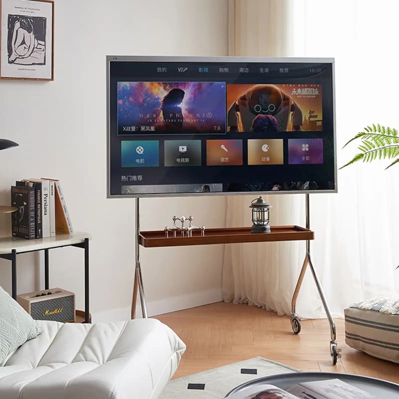 Used mobile TV stand, living room home floor monitor stand, cart with wheels, metal hanger