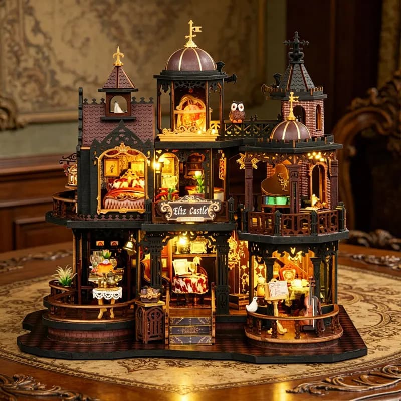 Zuuton Kit Casa di Bambole in Legno Fai da Te Castello Eltz Casa Miniatura con Luci LED e Mobili Puzzle 3D Modello da Costruire per Adulti Regalo Creativo Decorazione Casa