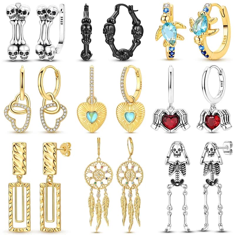925 Sterling Silver Earrings Skeleton Halloween Dreamcatcher Golden Hoop Earrings Pendientes For Woman Fashion Jewelry Gift