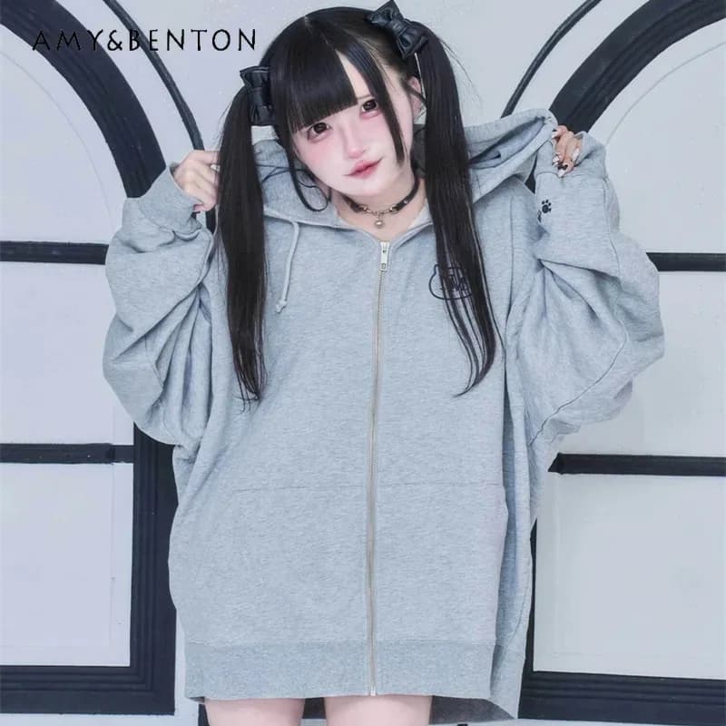 25COSJapanese Mine Series Subculture mass produced Cartoon Embroidered hoodies Woman Style Preppy Sweet Fresco Oversize Zip Up Ho