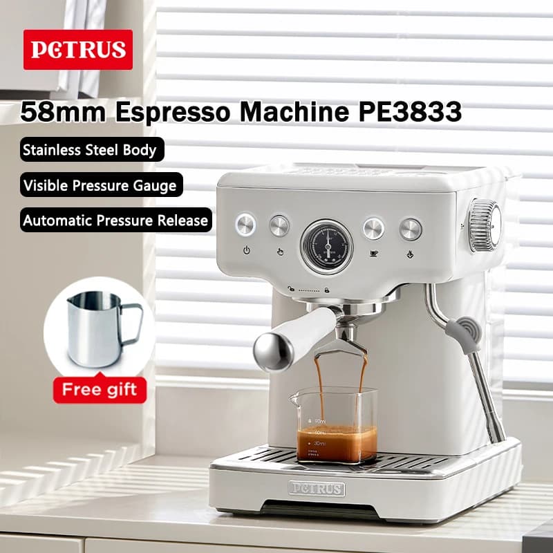 Macchina per caffè espresso Petrus Macchina per caffè in acciaio inossidabile con portafiltro da 58 mm Montalatte commerciale con bacchetta a vapore (220 V)