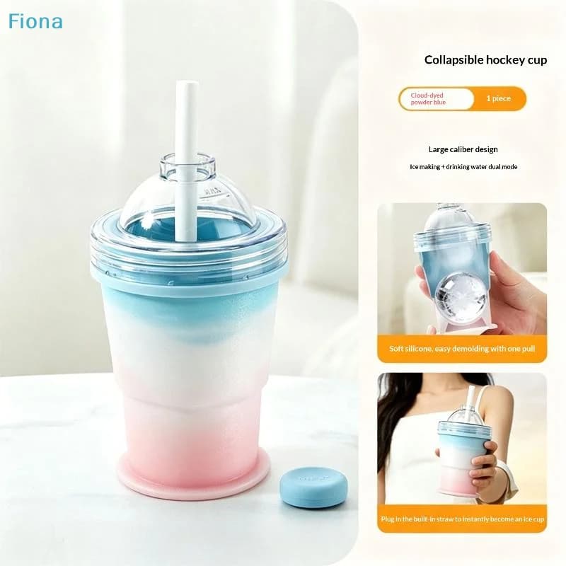 ✔1Pcs 2 In 1 Ice Mold And Water Bottle Food-Grade Silicone Foldable Ice Ball Cup BPA-Free Portable Travel Tumbler For Camping