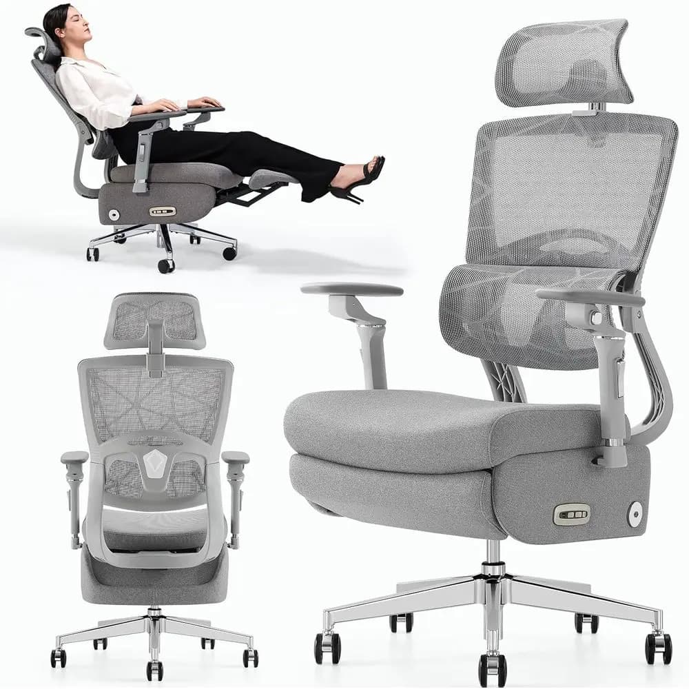 Dual-Motor Ergonomic Office Chair with Footrest, 3D Lumbar Support & 6D Armrests, 90-160° Recline Mesh Chair for Home and Office