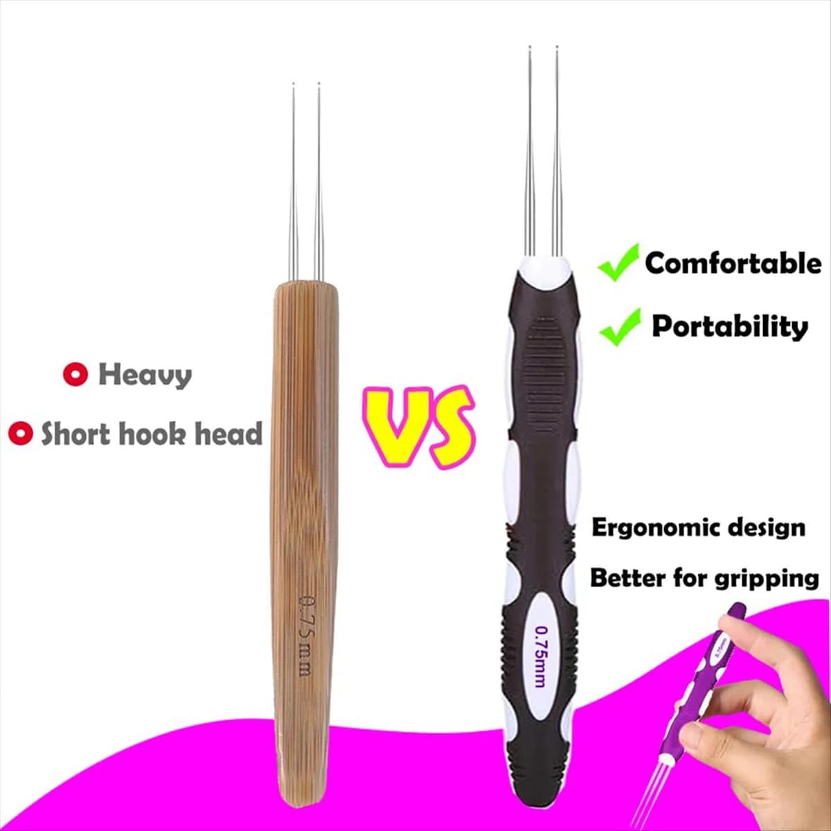 AAA04R Dreadlock Crochet Needle Tool, Uncinetti per capelli con impugnatura ergonomica, 3 pezzi di treccia per capelli artigianale 0,75 mm