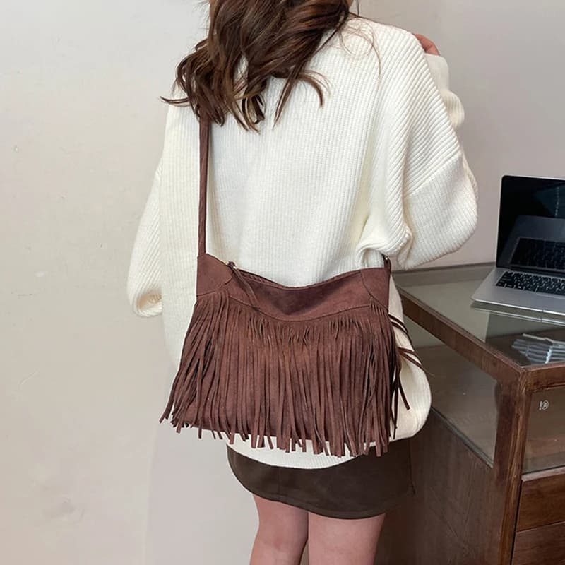 Borsa da donna con nappa smerigliata in morbido velluto alla moda con borsa a tracolla monospalla con secchiello con coulisse