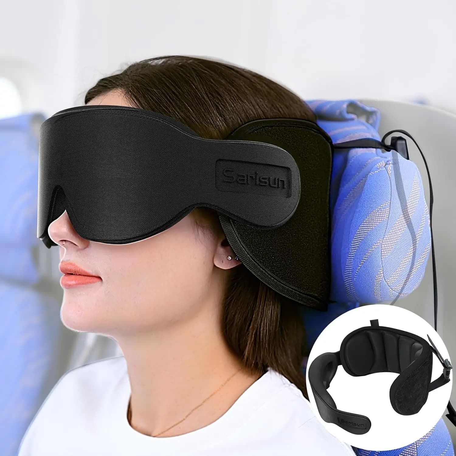 360 ° Cuscino da viaggio con maschera per gli occhi per aereo, auto e voli lunghi - Nero