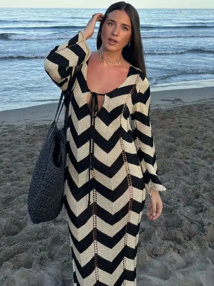 Abiti da donna con lacci scavati Elegante abito lungo a maniche lunghe lavorato a maglia a righe a contrasto Abiti casual da spiaggia estivi con scollo a V sexy