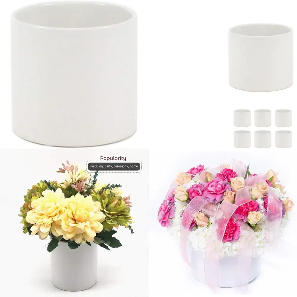 White ceramic cylindrical vase, 6.5 cm wide x 6 cm tall, for low compositions, candles, plants, containers, desk decorations, set of 6 pieces