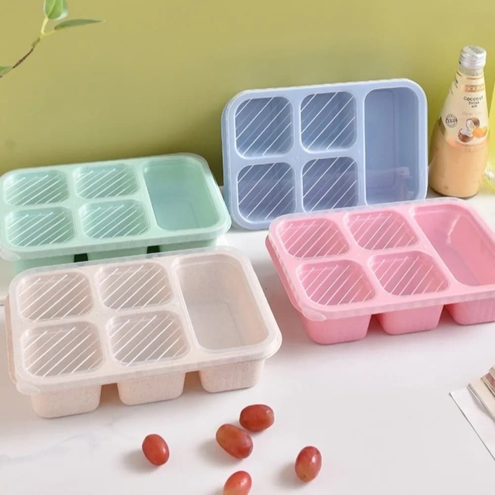 Nuovo Vassoio Portaoggetti a 5 Scomparti con Coperchio in Paglia di Grano, Contenitore per Snack Freschi, Scatola Ermetica per Alimenti, Porta Pranzo