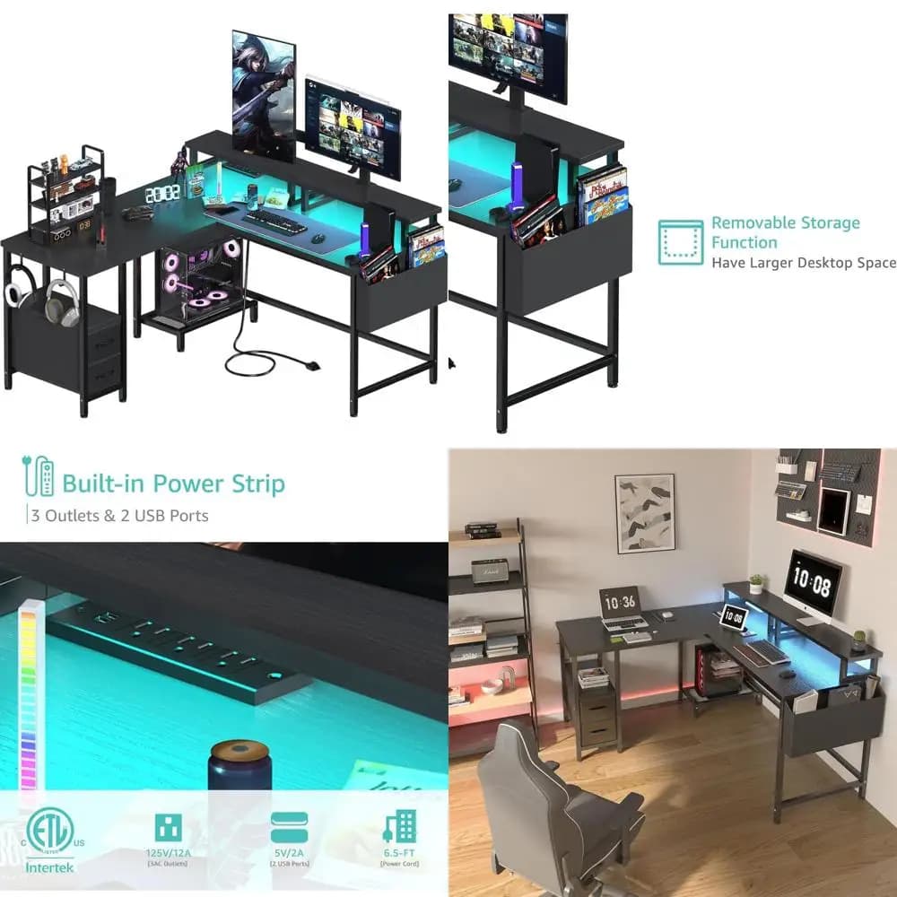 L-shaped desk with 47 LED lights and sockets, home office computer desk with monitor and shelves support, black
