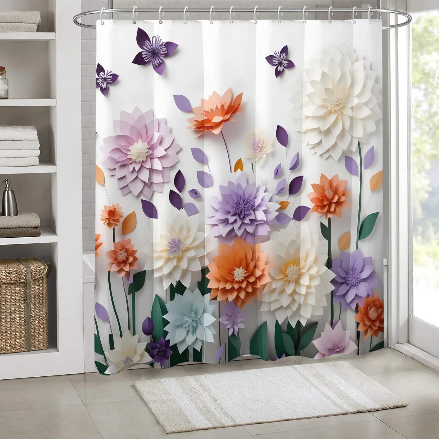 Tenda da doccia - Ritagli di farfalle e floreali, 71 pollici, ganci, lavabile, ideale per bagni, per tutte le stagioni