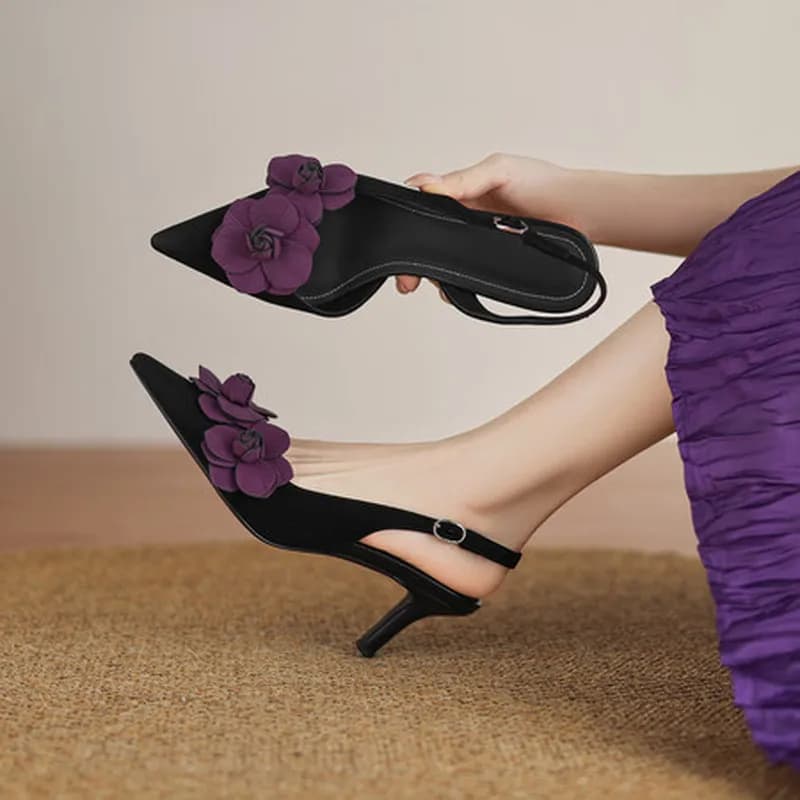 Women Genuine Cow Leather Slingback Pumps Pointed Toe 3D Floral Stiletto High Heel Pig Lining Summer Backless Sandals F106