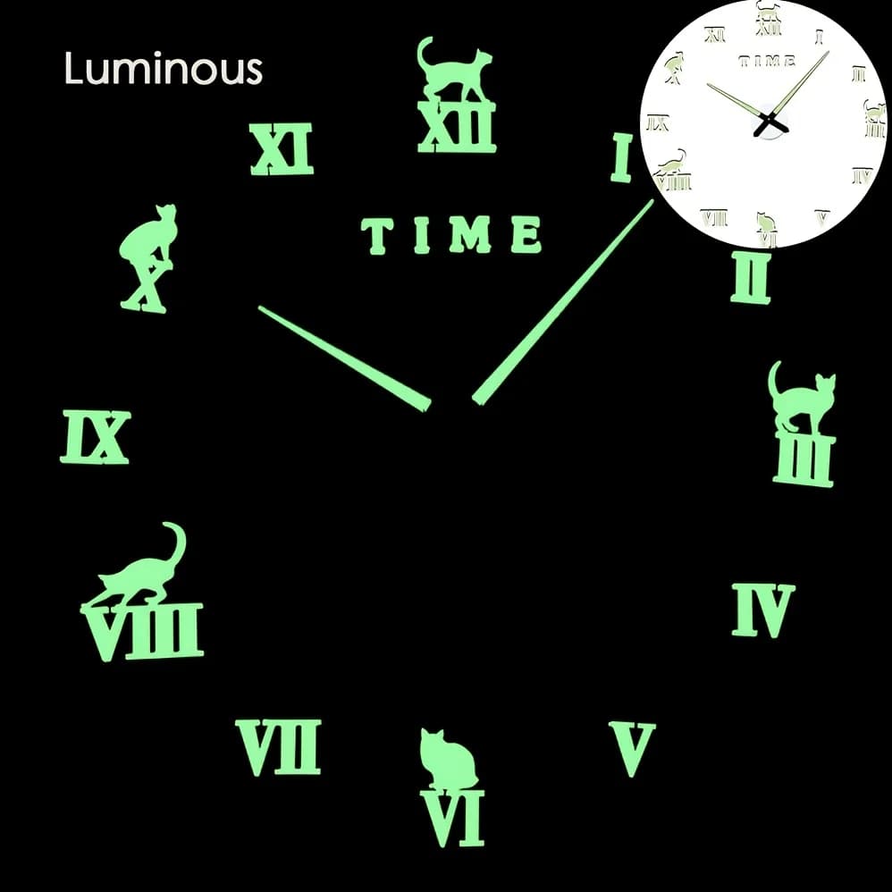 Orologio da Parete 3D a Forma di Gatto, Luminoso, Silenzioso, Decorazione per Casa e Soggiorno