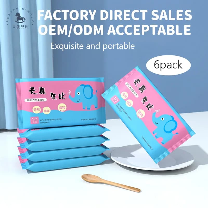 Pack of 6 (60 pieces) of disposable lenitive wipes for hands and mouth for on-the-go portable wipes and travel irritating substances without alcohol