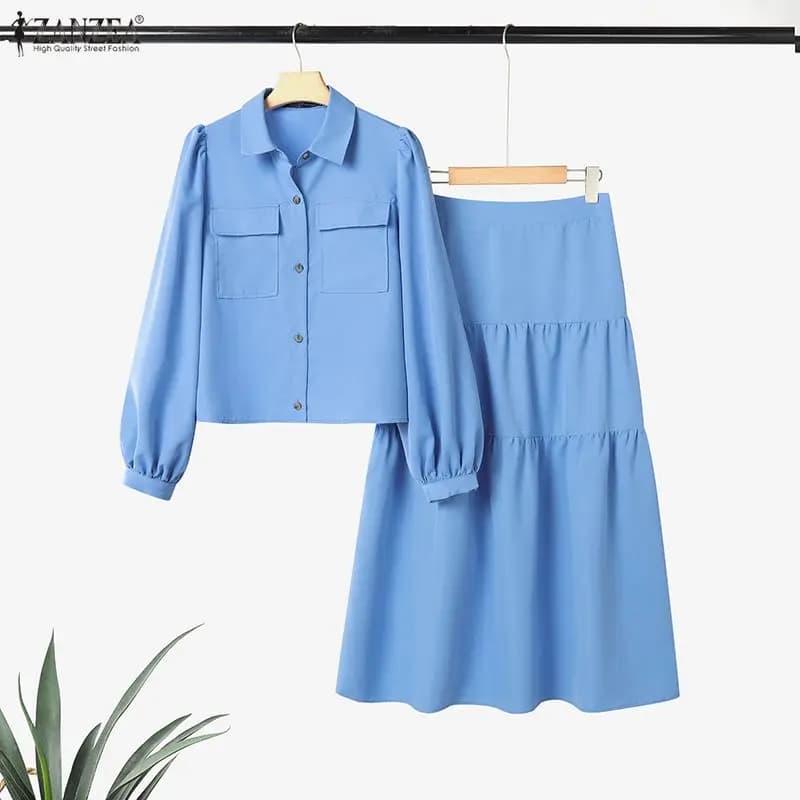 Abiti eleganti con gonna casual da donna Completi da 2 pezzi Camicie a maniche lunghe e gonne midi in vita elastica ZANZEA Abiti da donna 2 pezzi