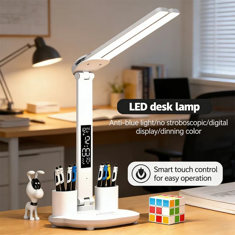 Foldable desk lamp with dimmer touch, eye protection, alarm clock, thermometer, USB rechargeable LED night light