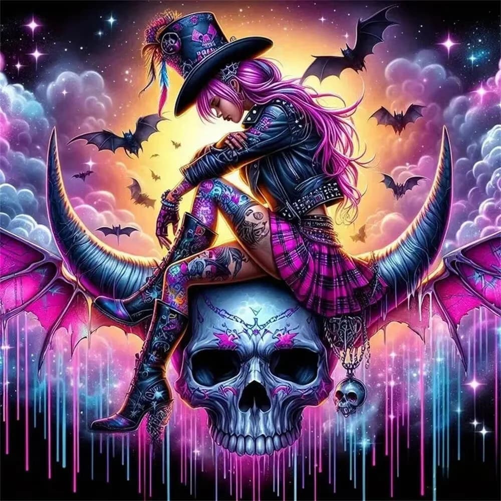DIY Diamond Painting Wall Decor Gift, Gothic Punk Lass Top Hat Sit On Crescent Skull Bat Wing Drip Paint Starry Cloud Night Art