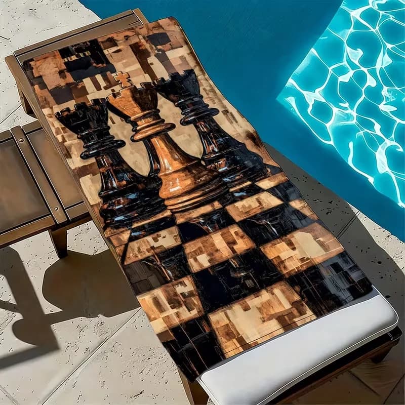 Chess King & Queen Print Beach Towel Vintage Oil Painting Chess Board Towel Retro Art Chess Piece Beach Blanket