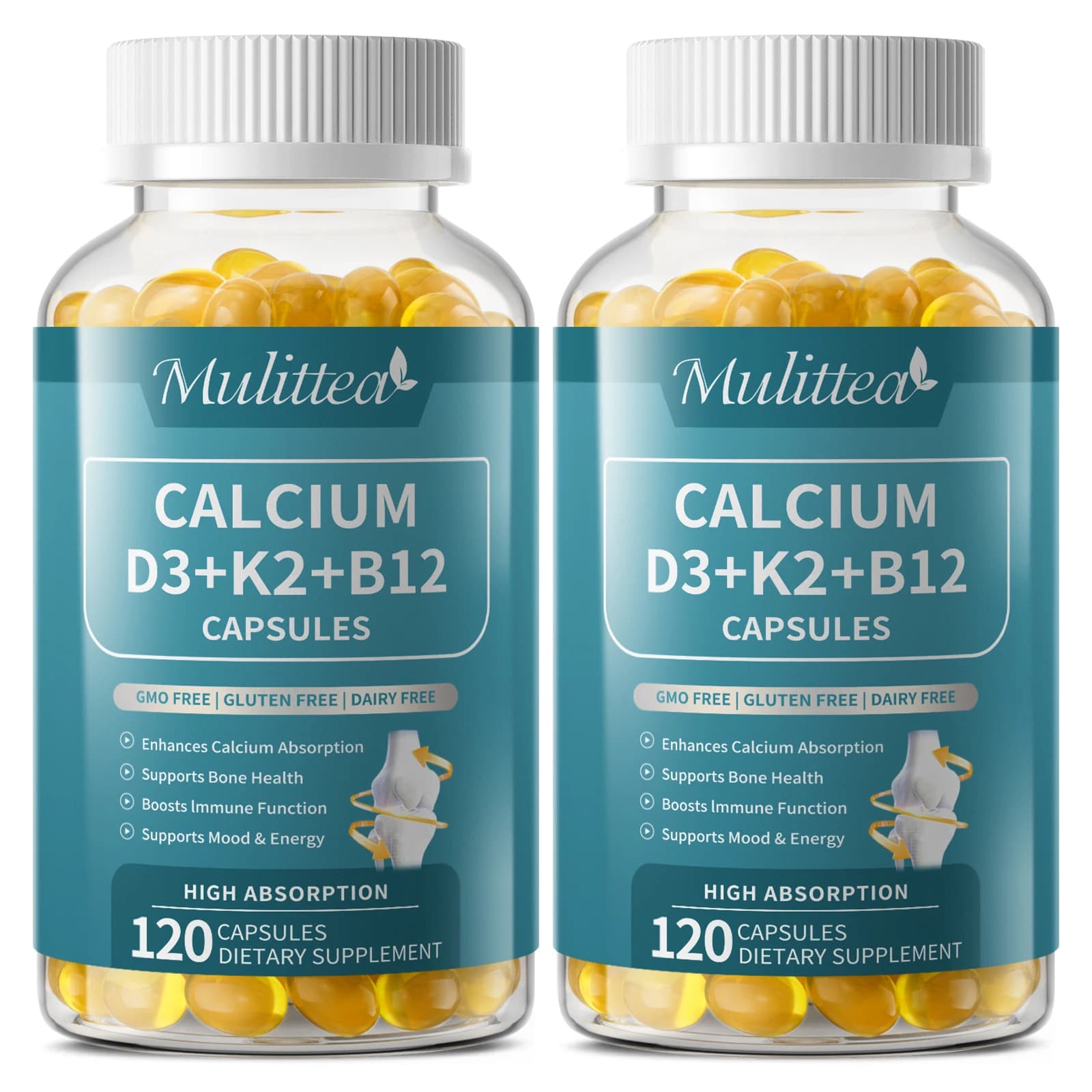 Capsule di Calcio Mulittea con Vitamina D3+K2+B12 Integratore Quotidiano per Ossa, Muscoli, Cuore, Energia e Funzione dell'Umore Sani