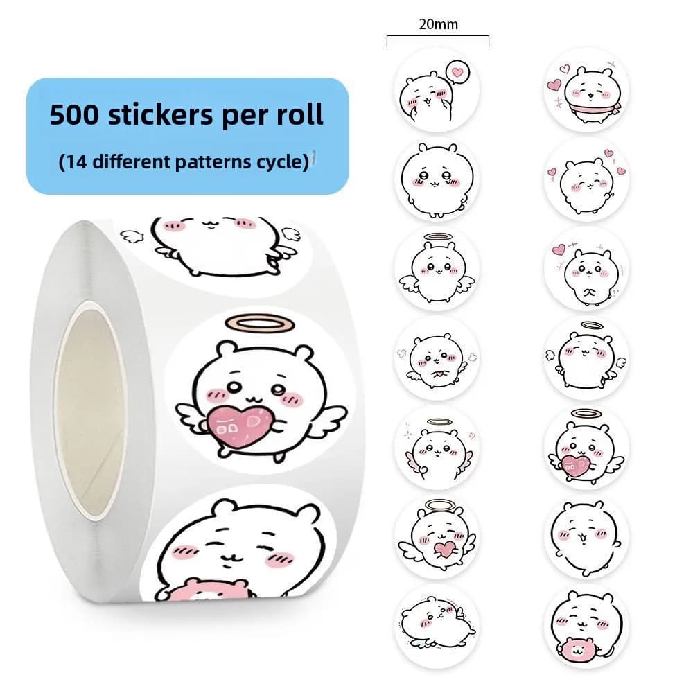 Rotolo di Adesivi Chiikawa 500 Pezzi, Emoji Kawaii, Cuore d'Angelo, Hachiware, Usagi, Etichette Rotonde per Decorazione Fai-da-Te, Quaderni, Cancelleria, Regalo