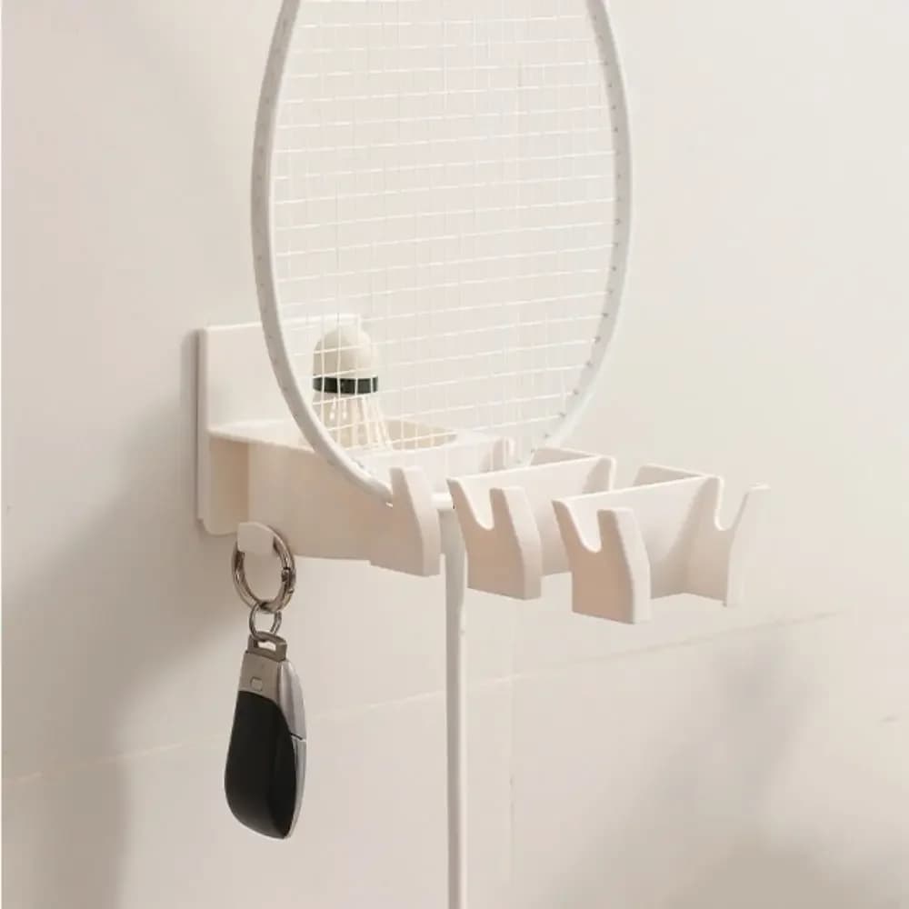 New wall mounted badminton rack, 3- slot tennis rack, without punching, with tennis ball holders
