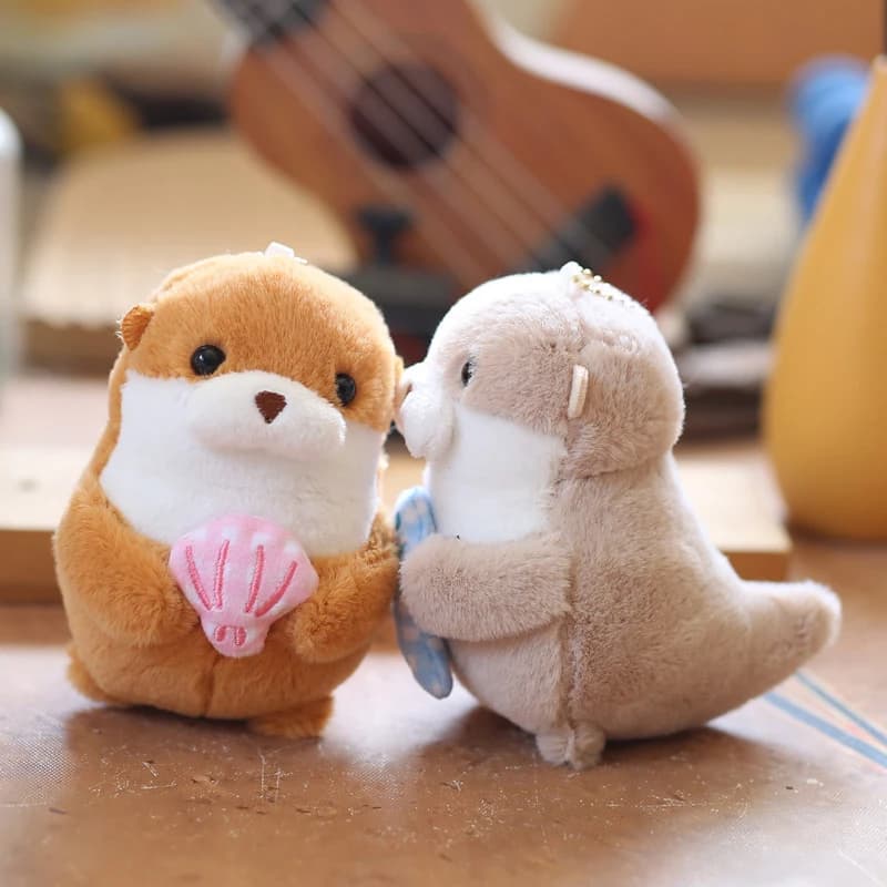 Cute Fluffy Soft Plush Otters Holding Fish Keychain Backpack Bag Toy Doll Keychain Gift For Baby Woman