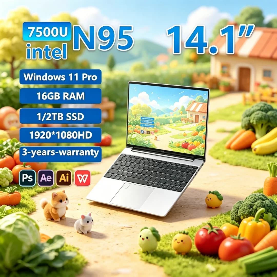 Laptop Arcane 14.1" 2026 N95 FHD IPS 120Hz con Schermo Prismatic Lucid, Batteria 7500mAh, SSD 32GB/2TB, Tastiera Radiante e Sblocco Biometrico