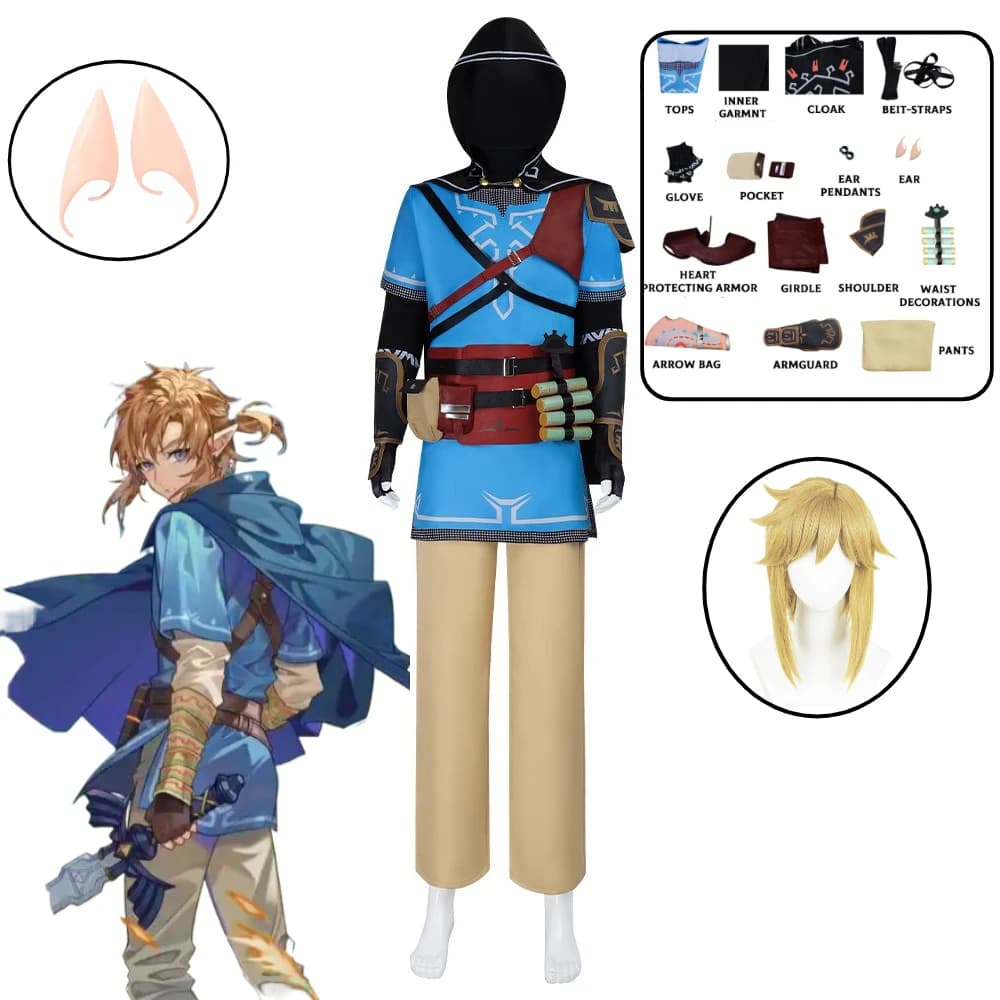 Cosplay Costume Link from the Game Tears of The Kingdom, Complete Set with T-shirt, Mantle, Wig and Earrings for Adults and Children, Ideal for Party in Mask