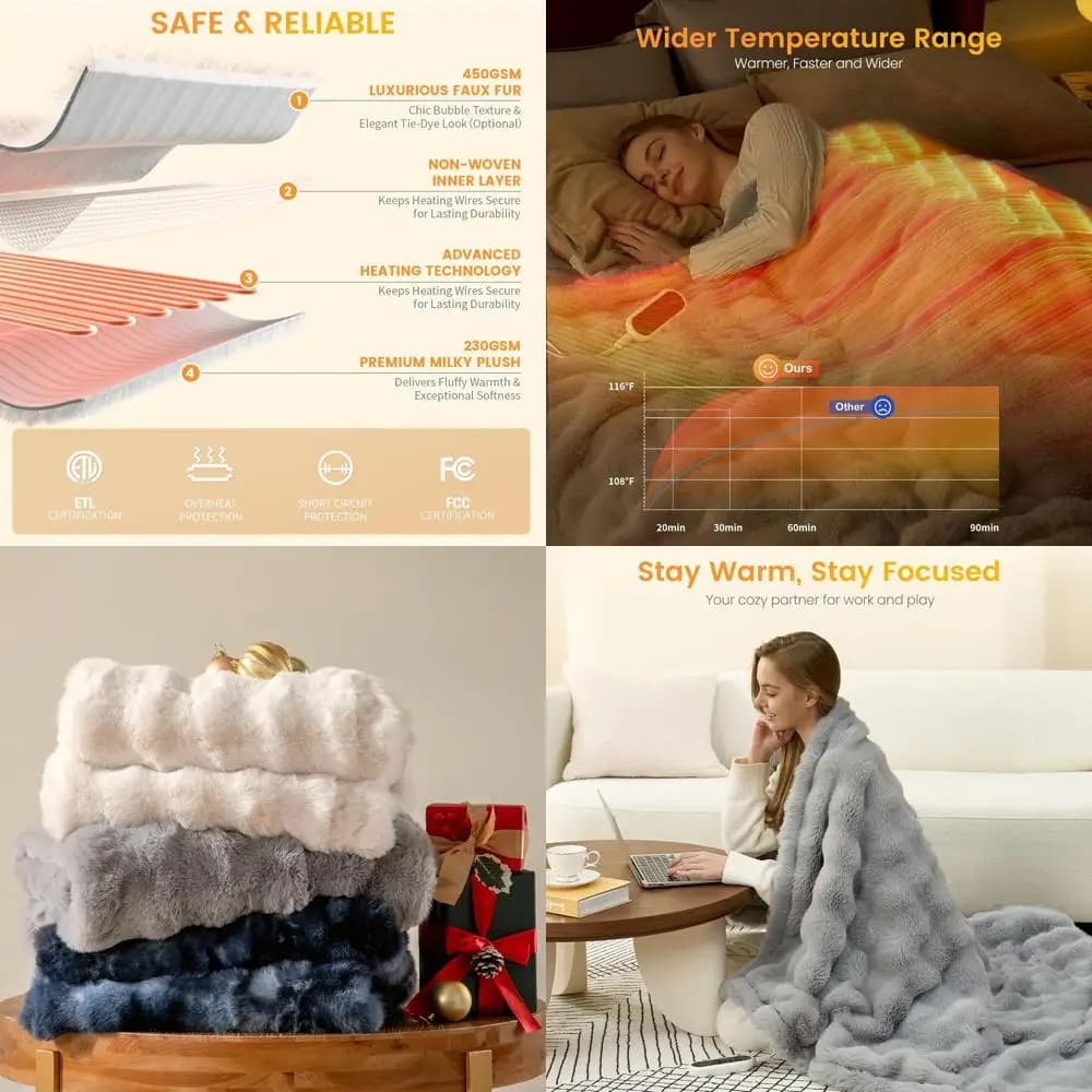 Coperta elettrica grigia in pelliccia sintetica 50x60 con 8 livelli di calore, 2-8 ore di spegnimento automatico e protezione dal surriscaldamento, certificata ETL