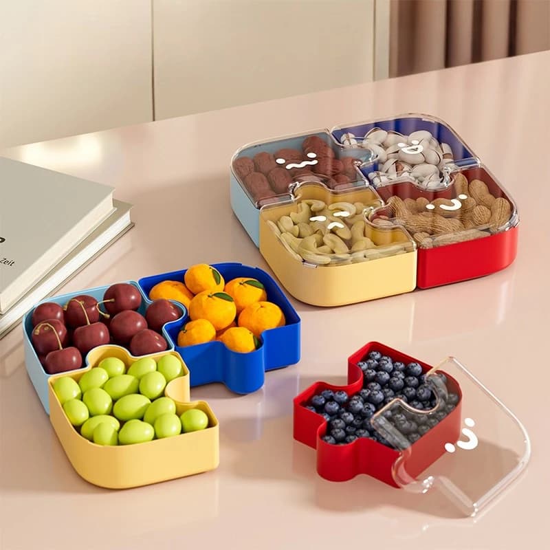 Puzzle creativo Scatola di frutta secca Snack di caramelle Frutta secca Scatola di esposizione da tavolo Griglia con coperchio Scatola di immagazzinaggio del vassoio di frutta