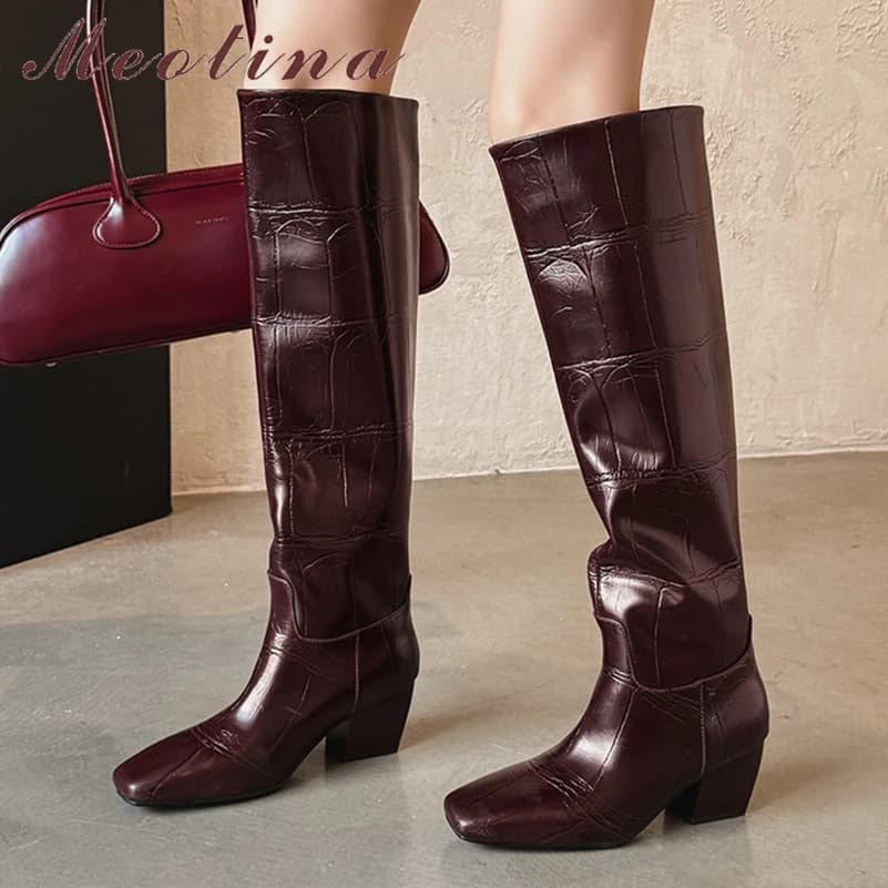Meotina Women Genuine Leather Knee High Long Boots Square Toe Thick High Heels Gogo Boots Concise Ladies Fashion Shoes Winter 40