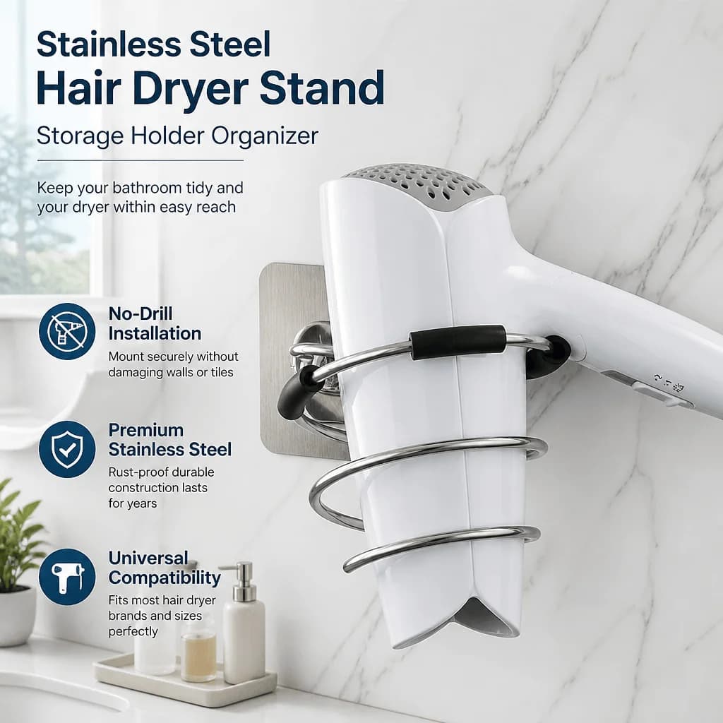 Hair Dryer Holder No Drill Bathroom Organizer Stainless Steel Wall Mount Storage Rack Space Saving Suction Cup Stand For Salon