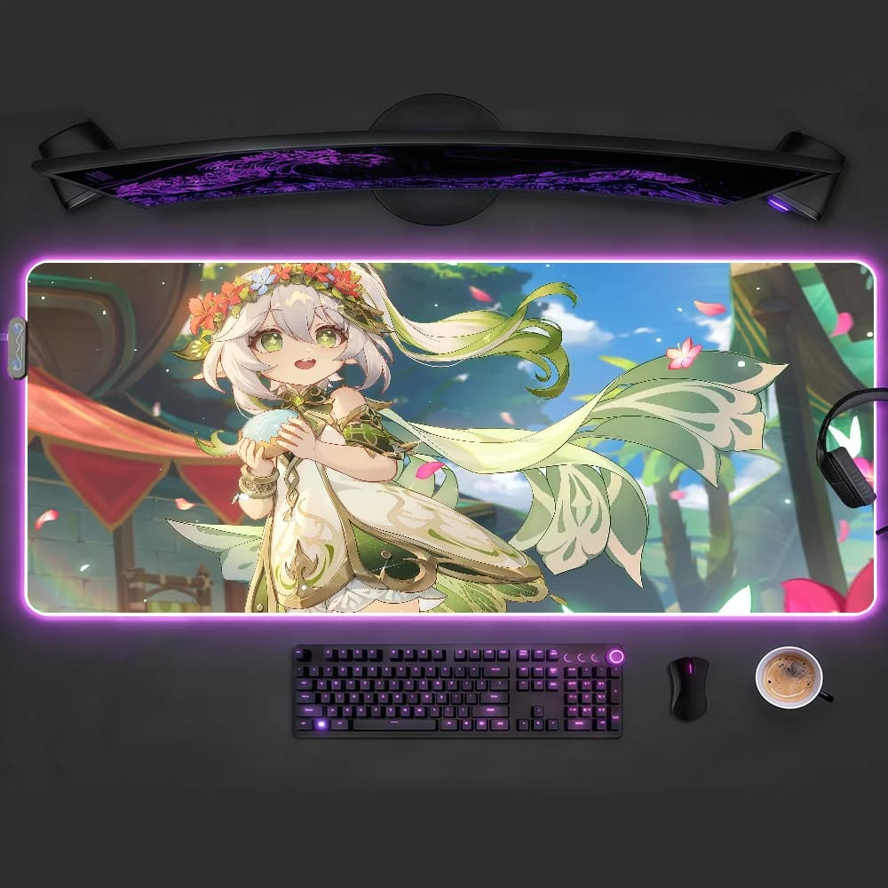 Tappetino per mouse Nahida Genshin Impact RGB LED, tappetino da scrivania antiscivolo in gomma, accessori da gioco, tappetino grande per tastiera da ufficio e gaming