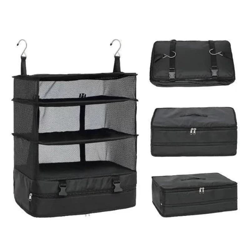 Travel Luggage Organizer Portable Travel Shelves Bag 3-Shelf Suitcase Packing Cube Collapsible Hanging Closet Storage Bag Space
