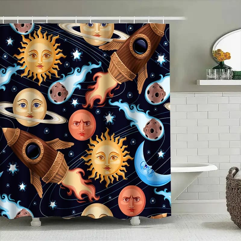 Tenda da doccia per esplorazione spaziale con caratteri planetariDesign estetico per l'arredamento del bagno