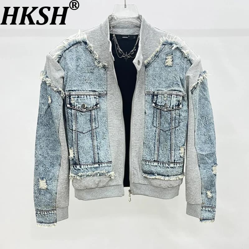 HKSH Primavera Autunno Nuovi Uomini di Tendenza Strappato Sfilacciato Denim Patchwork Giacca Elastico in Vita Pantaloni a Gamba Larga Moda Set a Due Pezzi HK16899