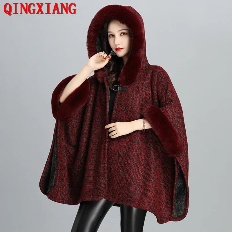 7 colori donna fibbia in corno Poncho allentato inverno grande pendolo velluto mantelle calde collo in pelliccia sintetica maniche a pipistrello cappotto lungo con cappello