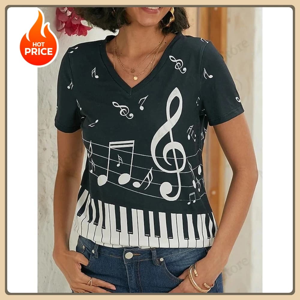 2025 T-shirt da donna nuova Design a righe T-shirt con stampa 3d Moda donna Casual scollo a V Manica corta Top Tees Abiti femminili Floreale
