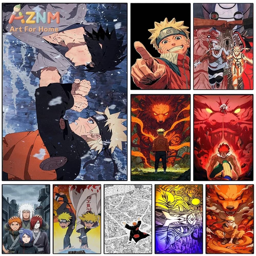 AZNM Naruto Vs Sasuke Final Battle Scene Canvas Wall Print, Classic Anime Ninja Fight Art Poster, Unframed Canvas Painting for