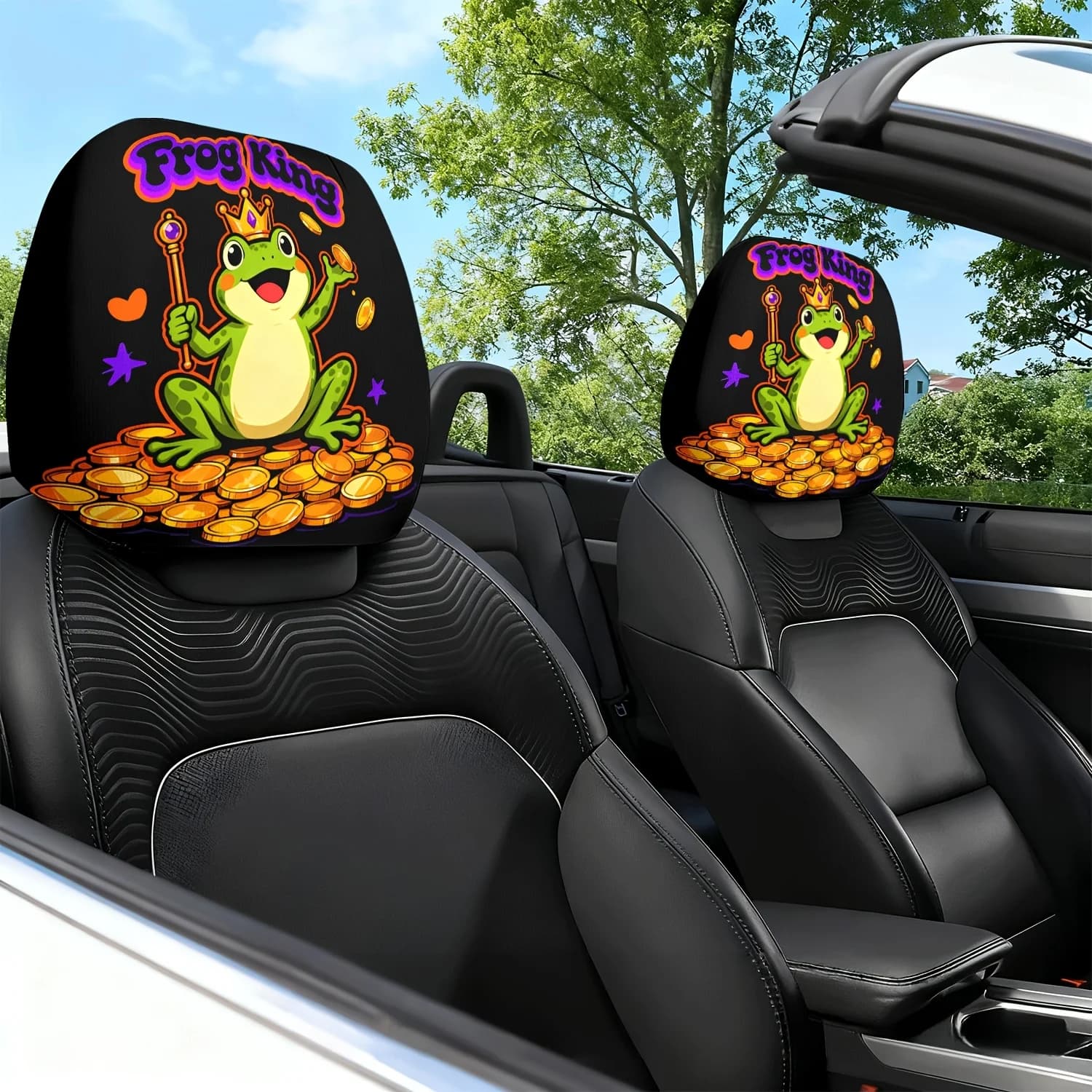 2 copri poggiatesta per auto con un tema cartoonesco di un re rana con motivi stampati, adatti per cuscini per sedili auto e altro.