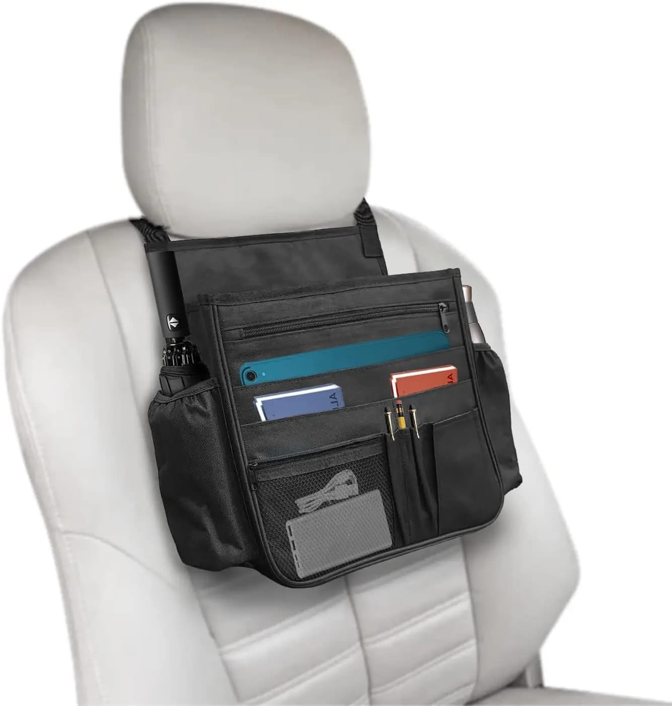 Car Backseat Organizer Hanging Passenger Seat Storage Bag with Laptop Pocket Cup Holders for Office Kids Travel