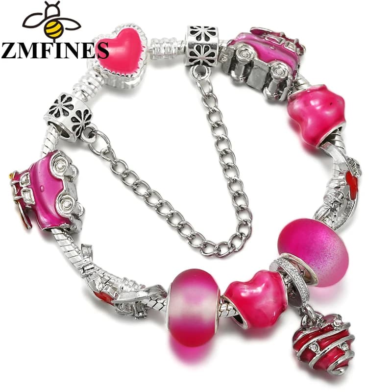 Romantic Pink Heart Shape Beads Pendant DIY Snake Chain Charm Bracelet For Women Lover Party High Quality Jewelry Gift Wholesale