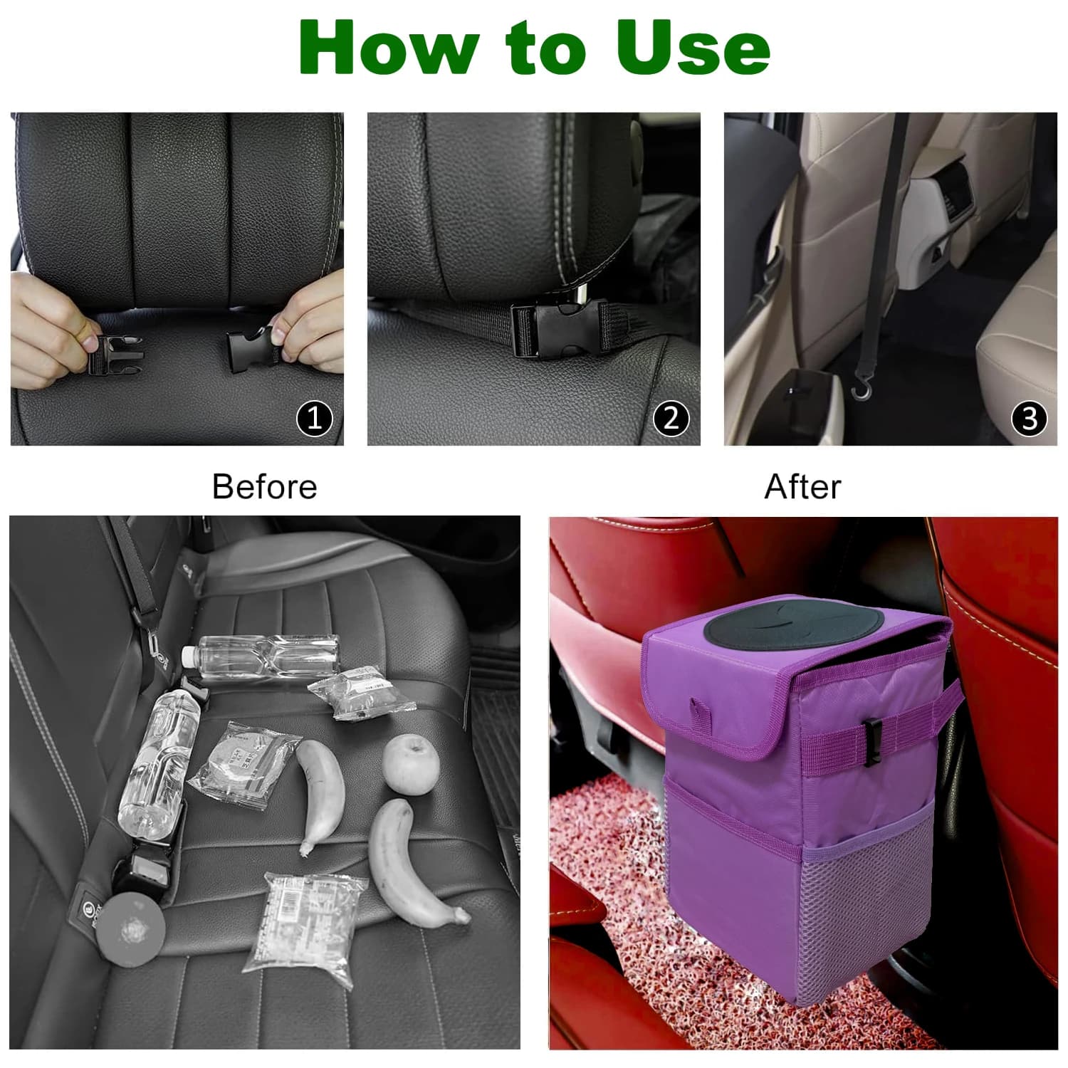 Cestino per auto con coperchio e tasche portaoggetti, organizer per auto ZukMi, contenitore per rifiuti impermeabile, bidone multiuso per auto