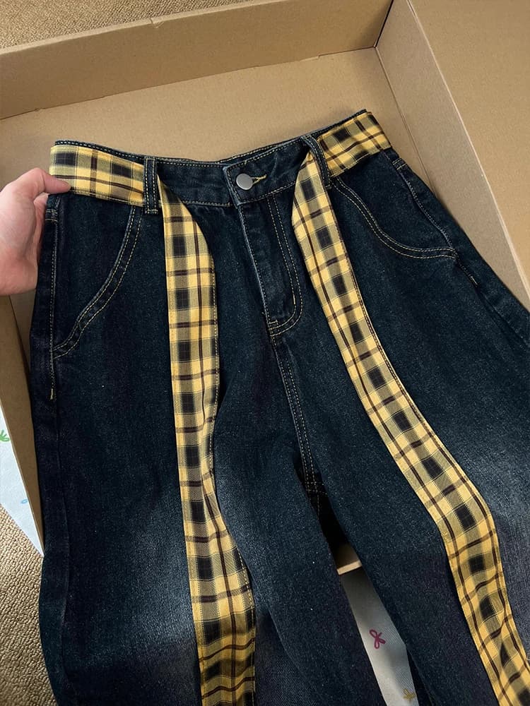 Retro Plaid Wide Leg Jeans Women's Summer Loose Slimming Straight Long Pants High Waist Denim Trousers for Young Women